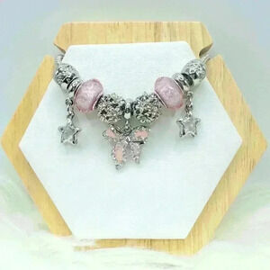 Cute Silvery and Pink Bow Charm Bracelet With Rhinestone